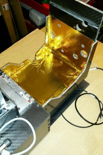 RPAS Aerospace design for motor mounting to coaxial helicopter UAV airframe.
Carbon Fibre  with Aluminium honeycomb composite, and gold faced heat shield.